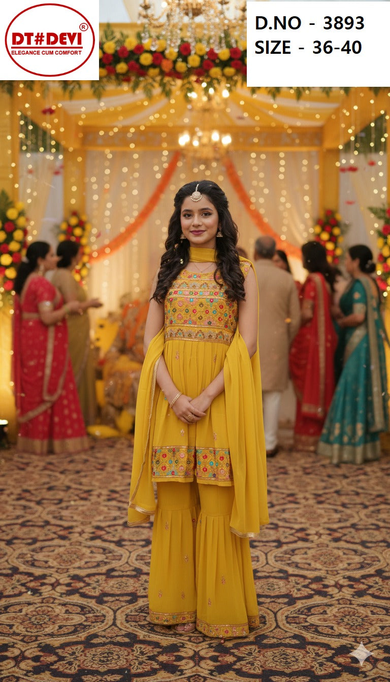 D No 3893 Dt Devi Georgette Girls Readymade Sharara Suits Wholesale Rate