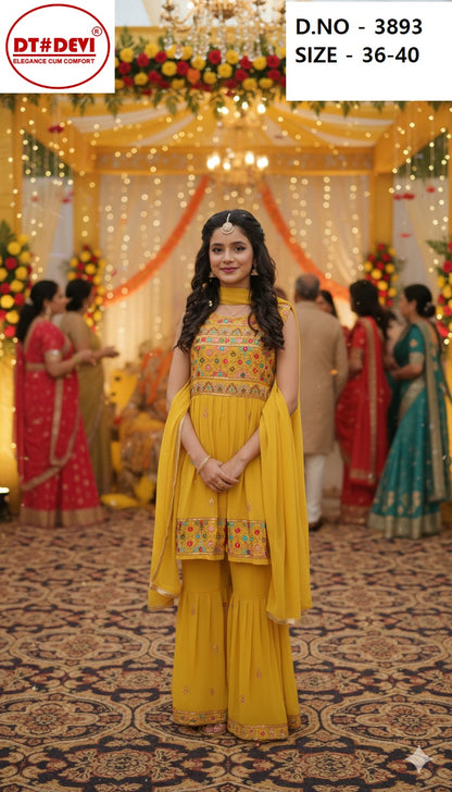 D No 3893 Dt Devi Georgette Girls Readymade Sharara Suits Wholesale Rate