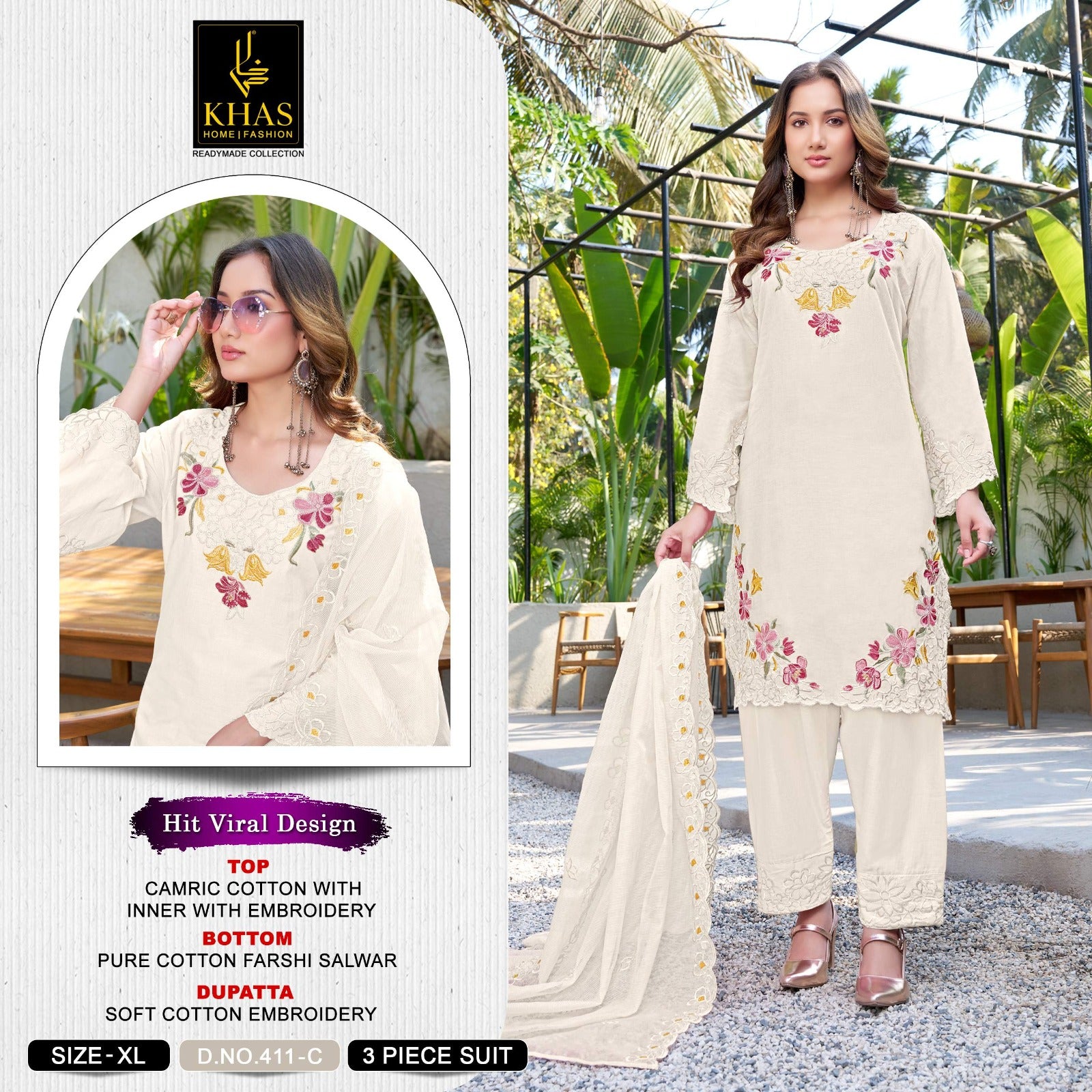 D No 411 Khas Cambric Cotton Pakistani Readymade Suits Wholesale Rate