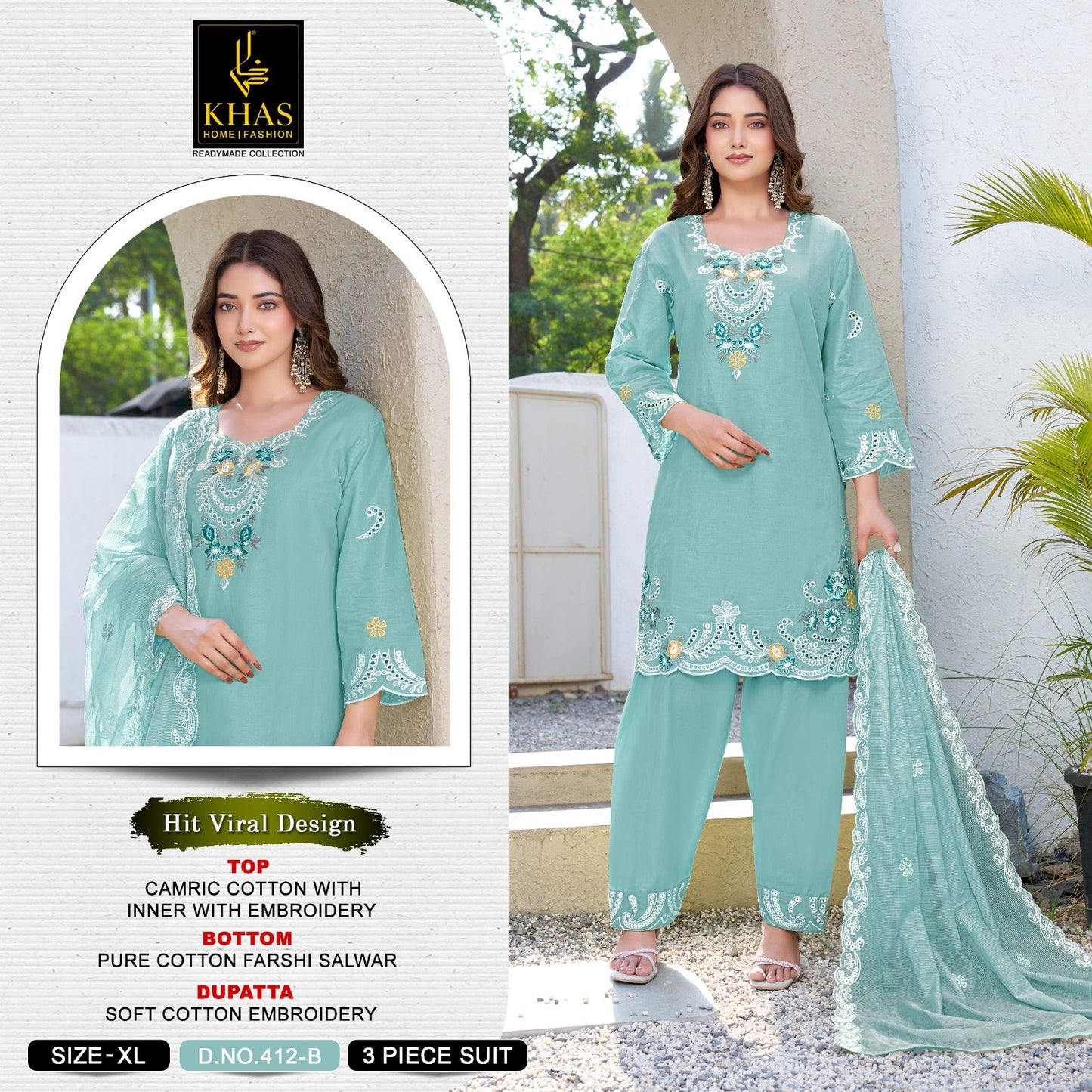 D No 412 Khas Cambric Cotton Pakistani Readymade Suits Wholesaler Ahmedabad
