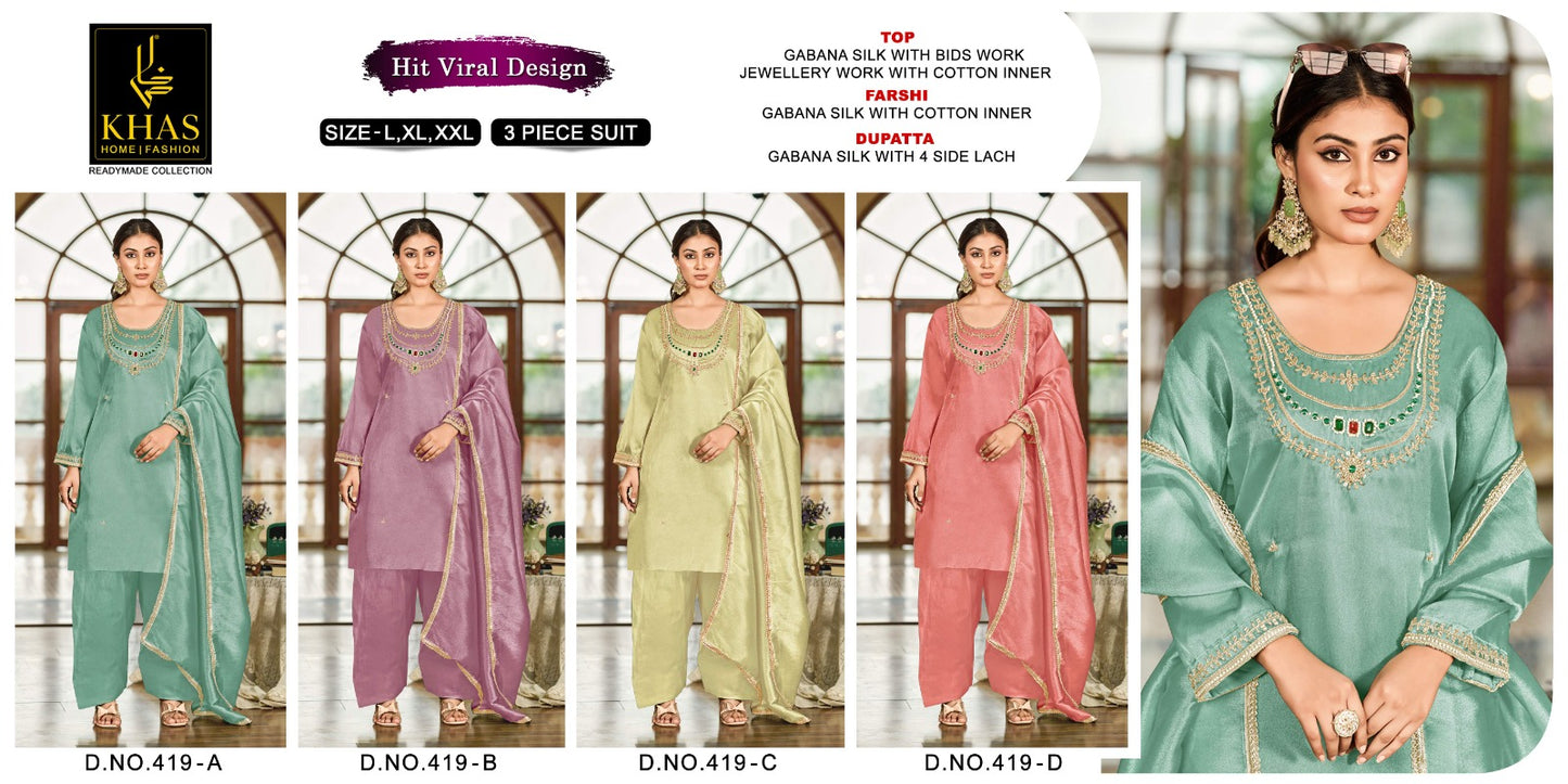 D No 419 Khas Gabana Silk Pakistani Readymade Suits Manufacturer Gujarat