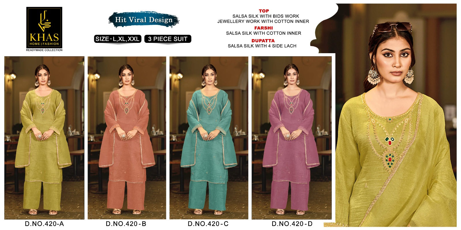 D No 420 Beads Work Khas Salsa Silk Pakistani Readymade Suits Wholesale