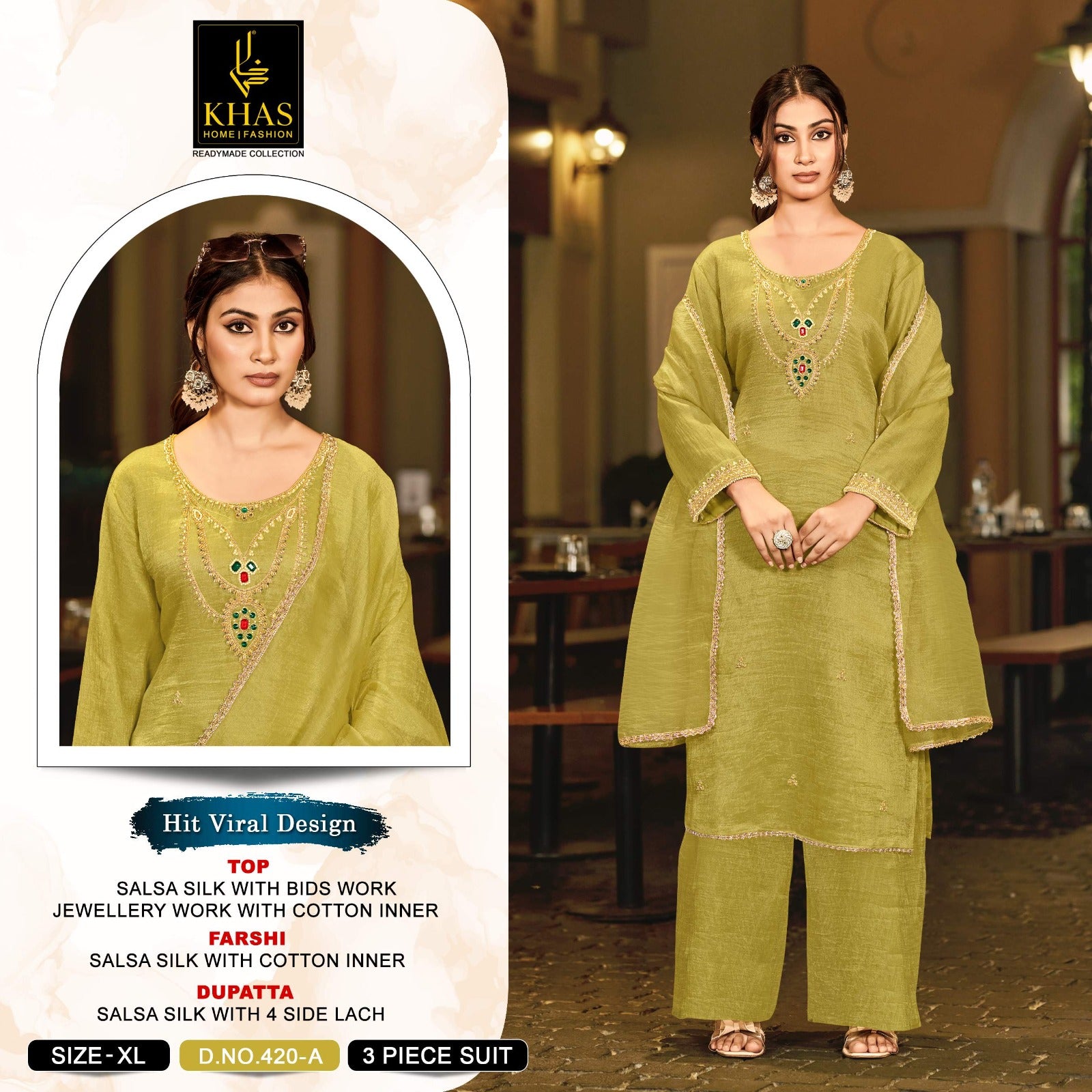 D No 420 Beads Work Khas Salsa Silk Pakistani Readymade Suits Wholesale