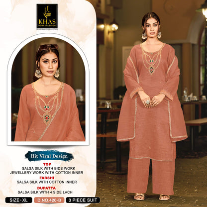 D No 420 Beads Work Khas Salsa Silk Pakistani Readymade Suits Wholesale