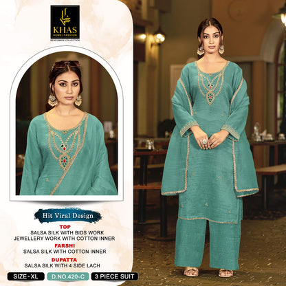 D No 420 Beads Work Khas Salsa Silk Pakistani Readymade Suits Wholesale