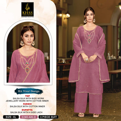 D No 420 Beads Work Khas Salsa Silk Pakistani Readymade Suits Wholesale