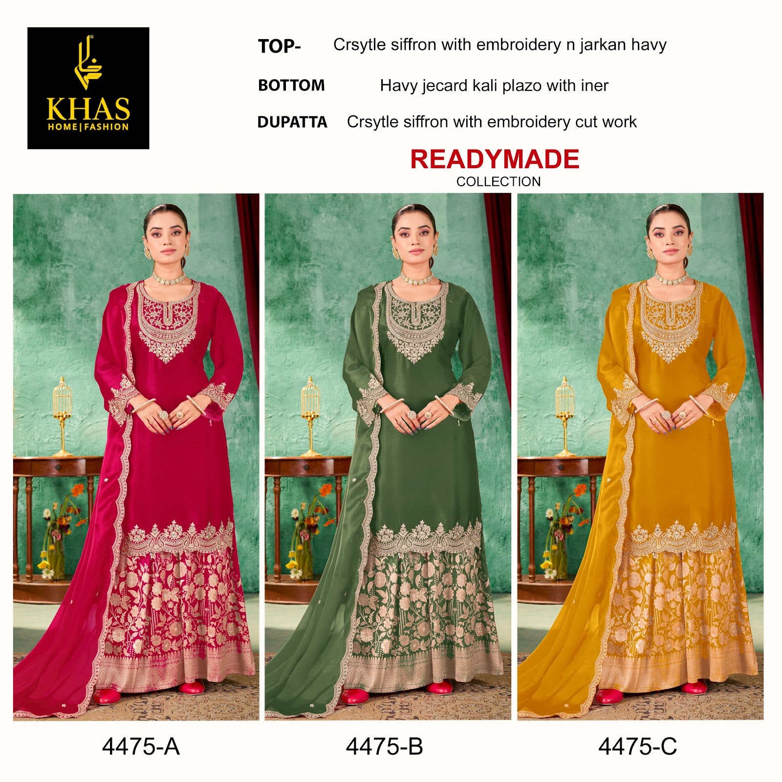 D No 4475 Khas Chiffon Pakistani Readymade Suits Supplier