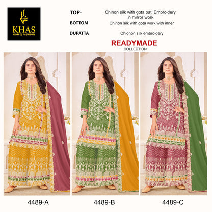 D No 4489 Khas Chinnon Silk Pakistani Readymade Suits Exporter India