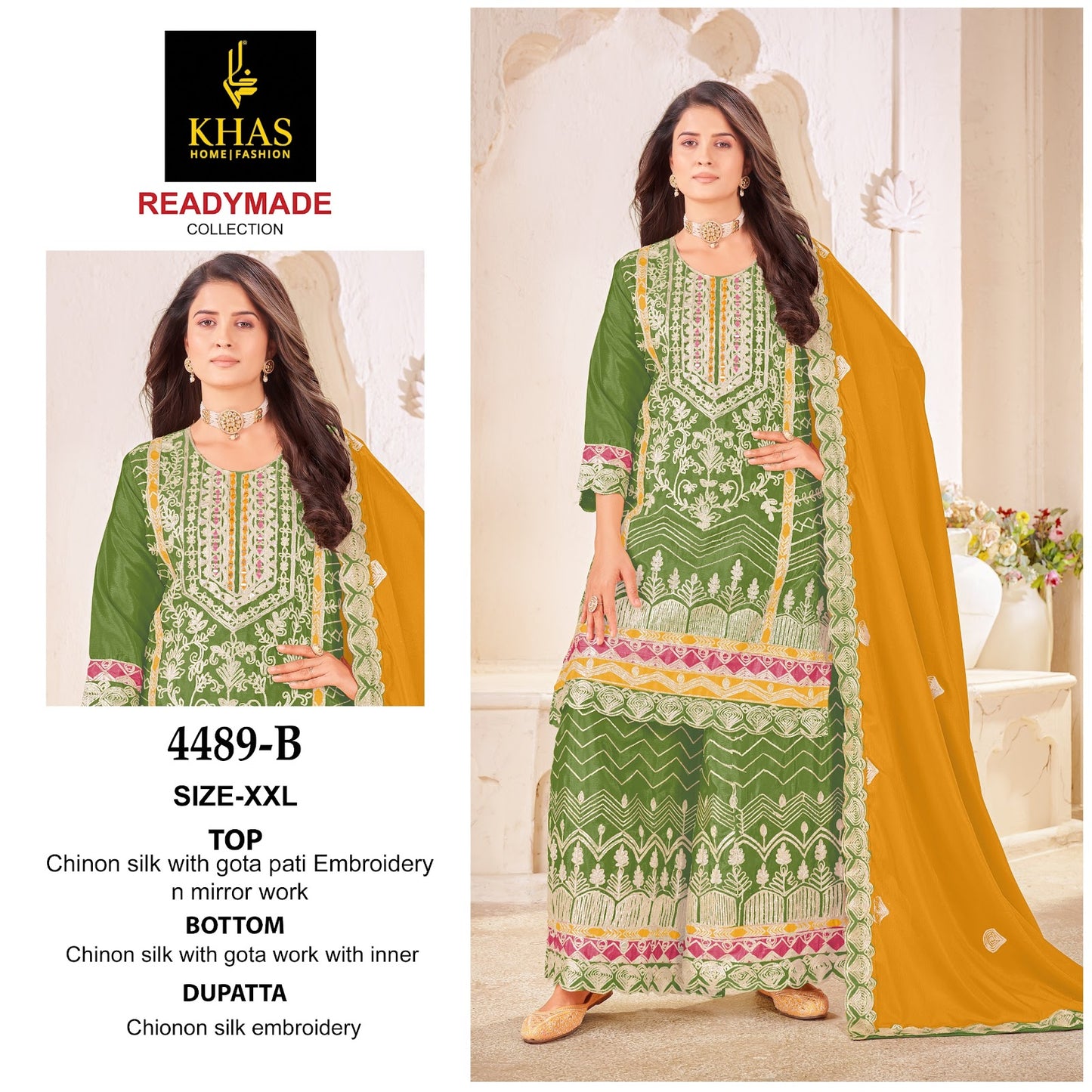 D No 4489 Khas Chinnon Silk Pakistani Readymade Suits Exporter India