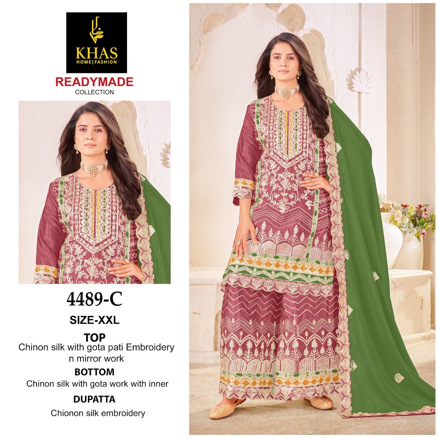 D No 4489 Khas Chinnon Silk Pakistani Readymade Suits Exporter India