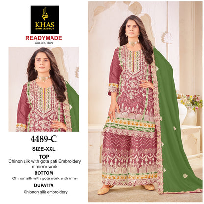 D No 4489 Khas Chinnon Silk Pakistani Readymade Suits Exporter India