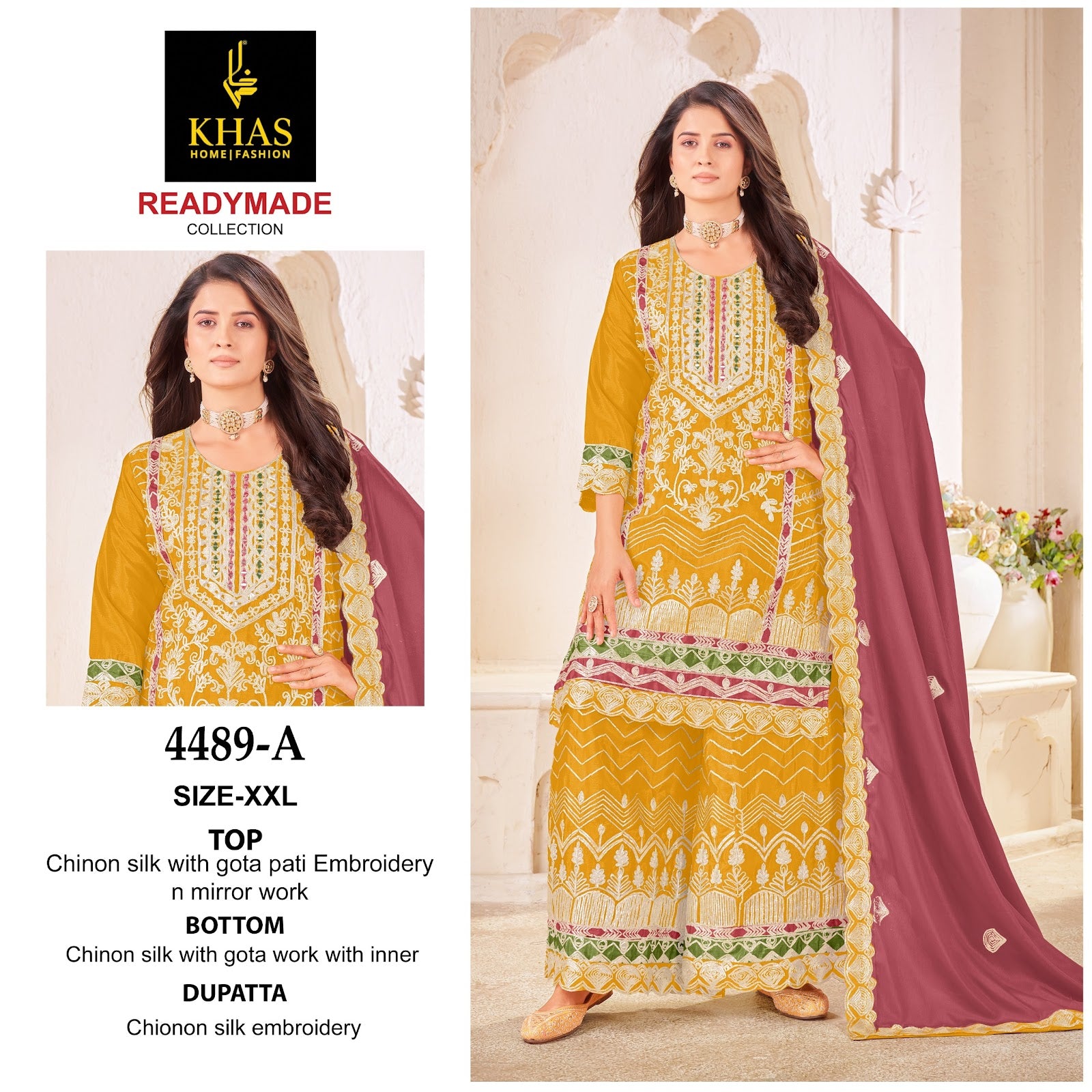 D No 4489 Khas Chinnon Silk Pakistani Readymade Suits Exporter India