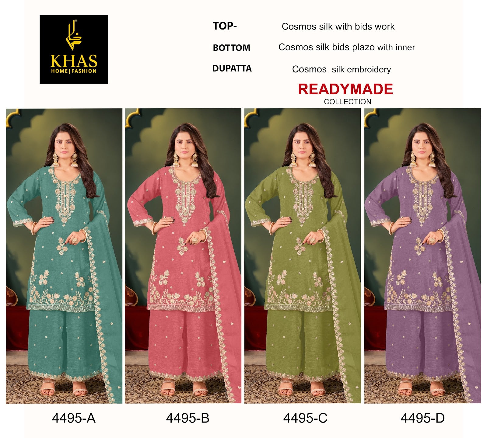 D No 4495 Khas Cosmos Silk Pakistani Readymade Suits Manufacturer Ahmedabad