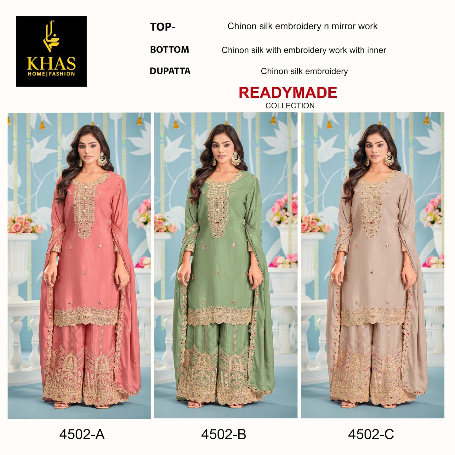 D No 4502 Khas Chinnon Silk Pakistani Readymade Suits Wholesaler India