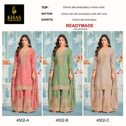 D No 4502 Khas Chinnon Silk Pakistani Readymade Suits Wholesaler India