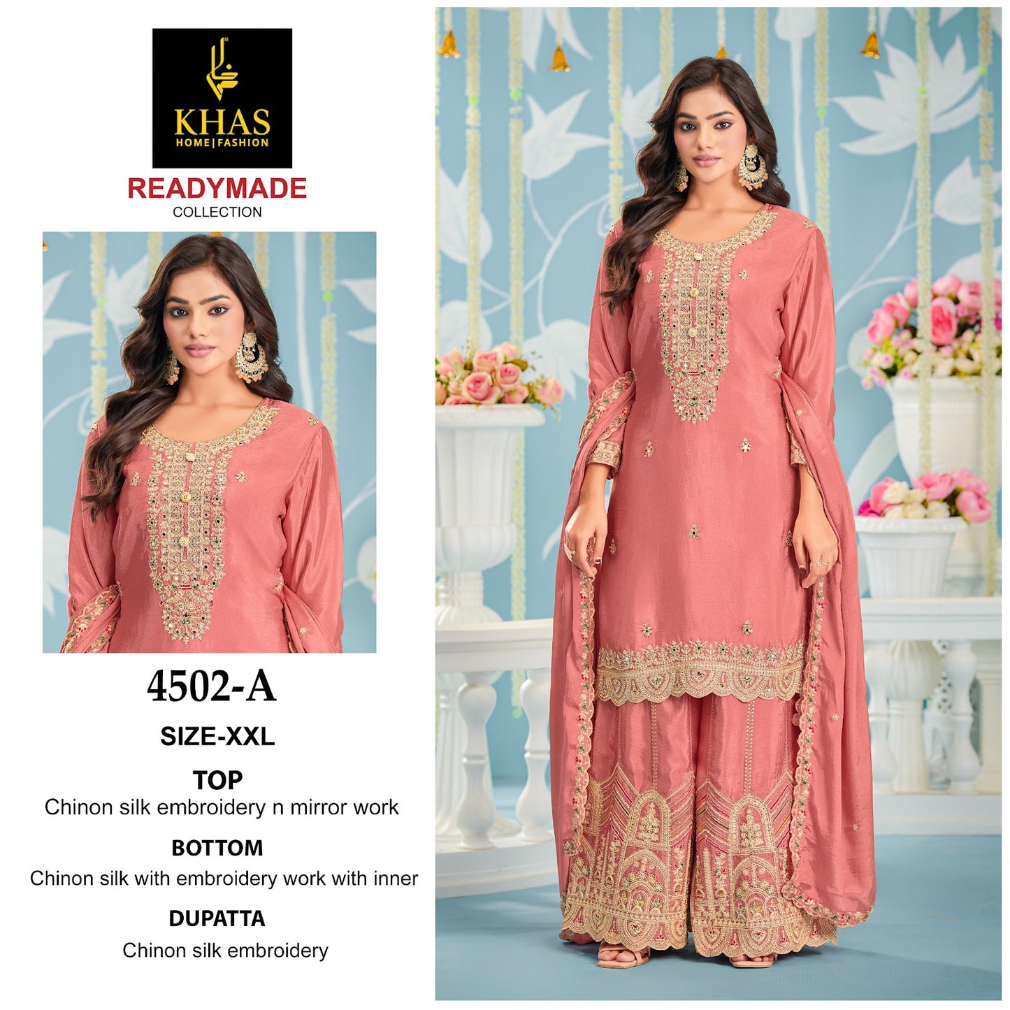 D No 4502 Khas Chinnon Silk Pakistani Readymade Suits Wholesaler India