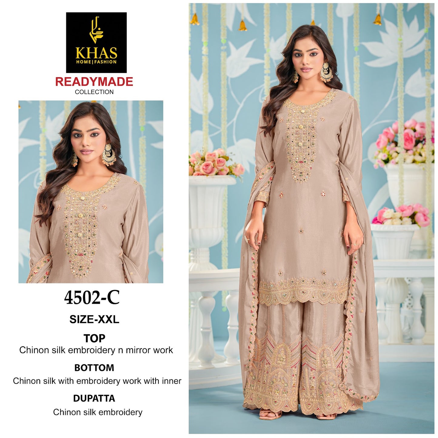 D No 4502 Khas Chinnon Silk Pakistani Readymade Suits Wholesaler India