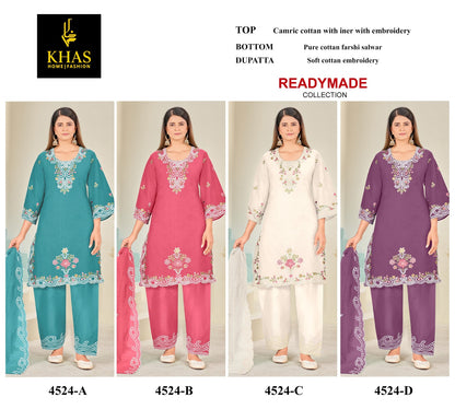 D No 4524 Khas Cambric Cotton Pakistani Readymade Suits Wholesaler