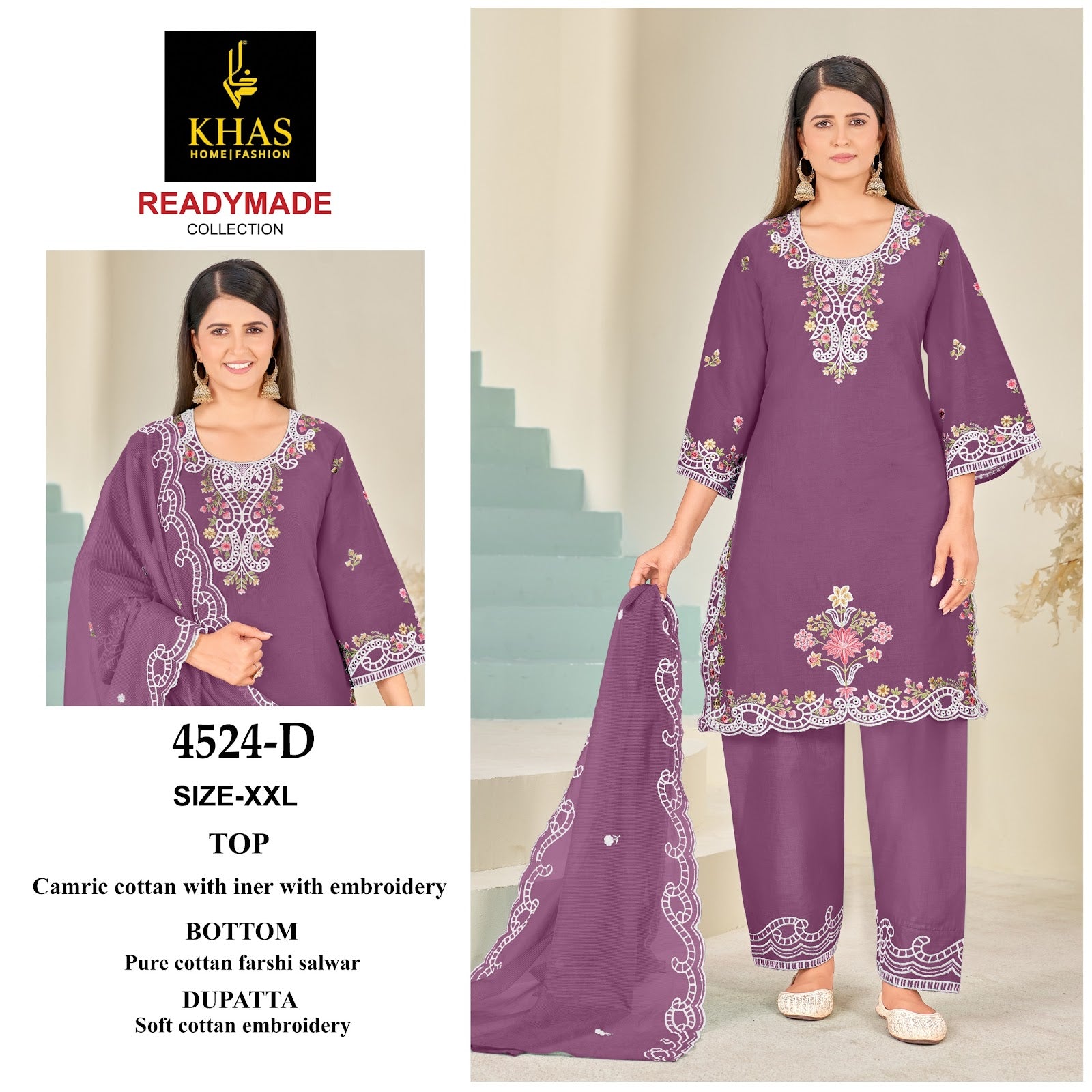 D No 4524 Khas Cambric Cotton Pakistani Readymade Suits Wholesaler