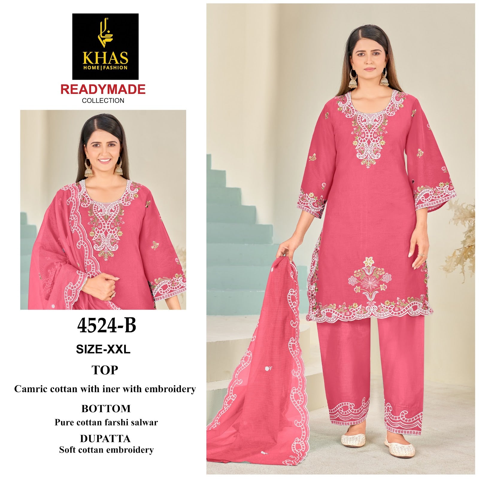 D No 4524 Khas Cambric Cotton Pakistani Readymade Suits Wholesaler
