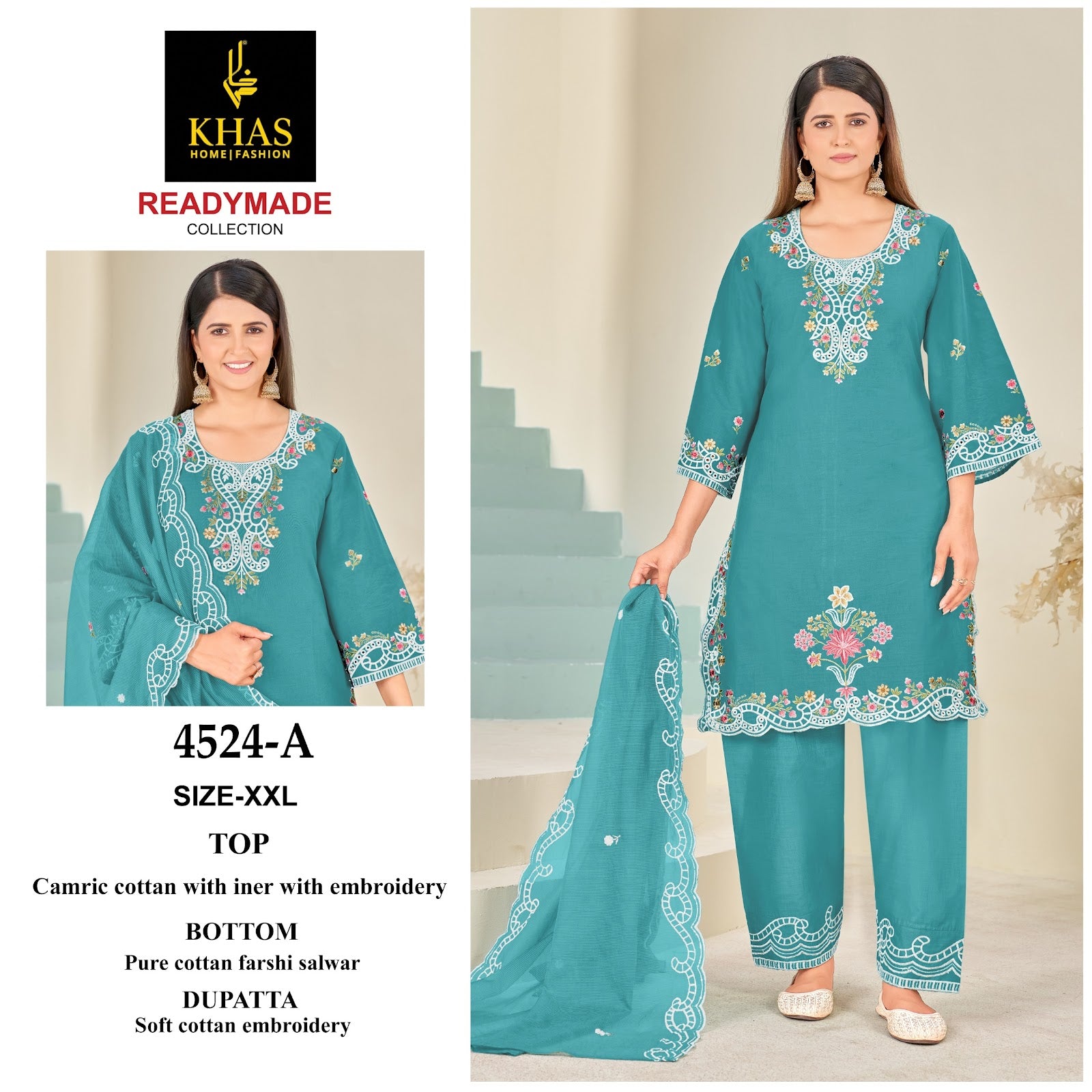 D No 4524 Khas Cambric Cotton Pakistani Readymade Suits Wholesaler
