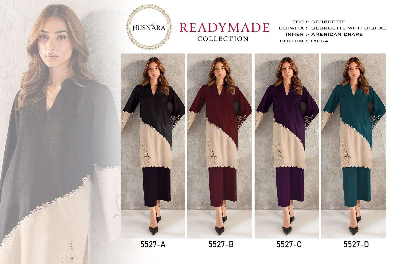 D No 5527 Husnara Georgette Pakistani Readymade Suits Wholesaler Gujarat