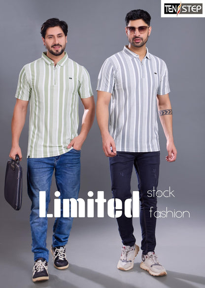 D No 679 Ten Step Vertical Strips Lycra Mens Tshirts Wholesaler Ahmedabad