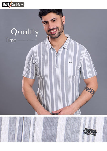 D No 679 Ten Step Vertical Strips Lycra Mens Tshirts Wholesaler Ahmedabad