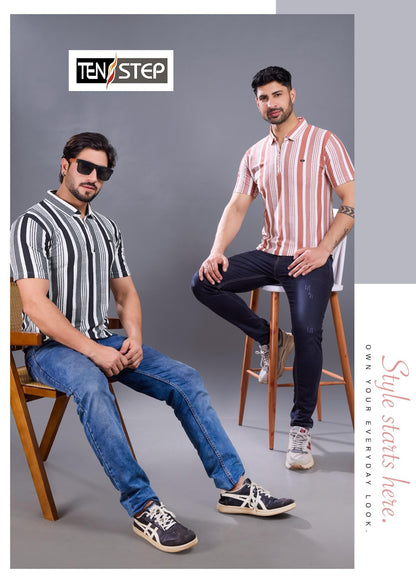 D No 679 Ten Step Vertical Strips Lycra Mens Tshirts Wholesaler Ahmedabad