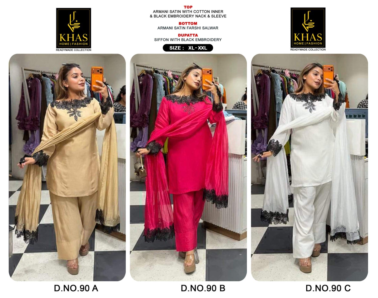 D No 90 Khas Armani Satin Pakistani Readymade Suits Manufacturer India