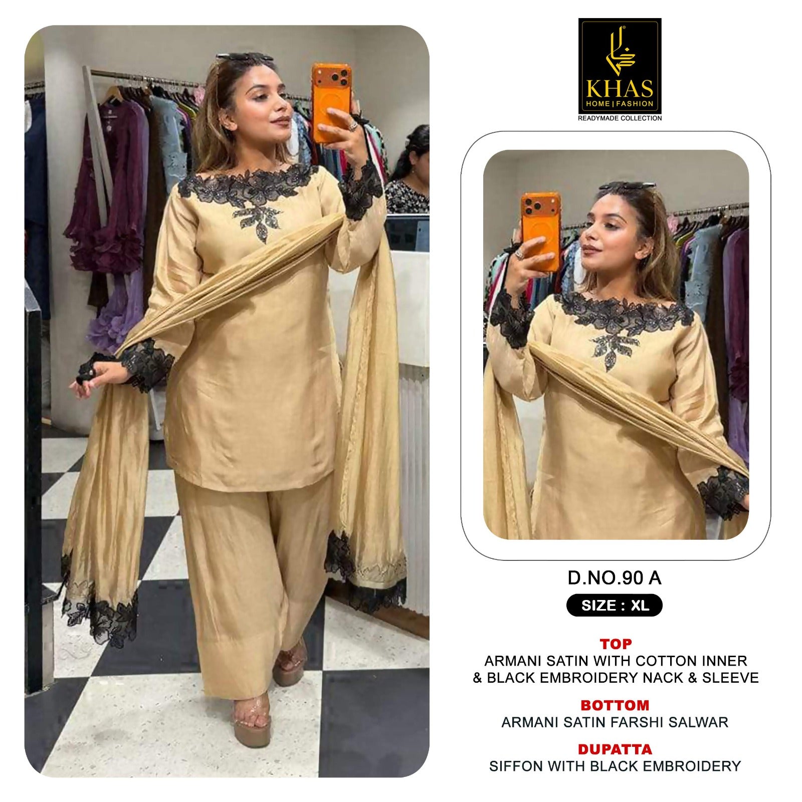 D No 90 Khas Armani Satin Pakistani Readymade Suits Manufacturer India
