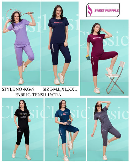 D No Kg69 Sweet Purple Tencil Lycra Capri Night Suits Manufacturer Gujarat