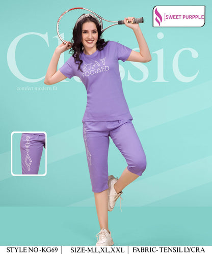 D No Kg69 Sweet Purple Tencil Lycra Capri Night Suits Manufacturer Gujarat