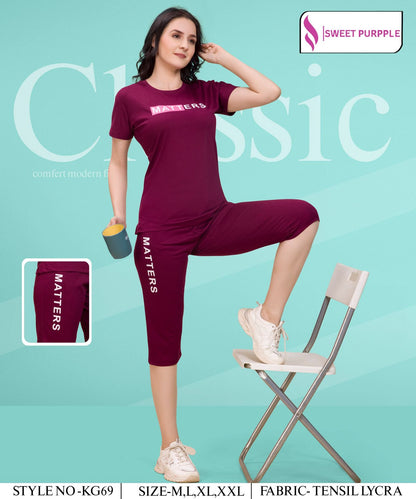 D No Kg69 Sweet Purple Tencil Lycra Capri Night Suits Manufacturer Gujarat