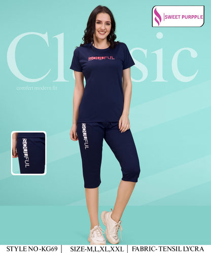 D No Kg69 Sweet Purple Tencil Lycra Capri Night Suits Manufacturer Gujarat