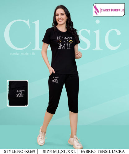 D No Kg69 Sweet Purple Tencil Lycra Capri Night Suits Manufacturer Gujarat