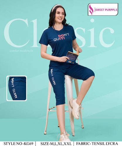 D No Kg69 Sweet Purple Tencil Lycra Capri Night Suits Manufacturer Gujarat