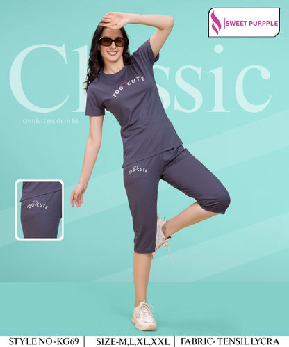 D No Kg69 Sweet Purple Tencil Lycra Capri Night Suits Manufacturer Gujarat