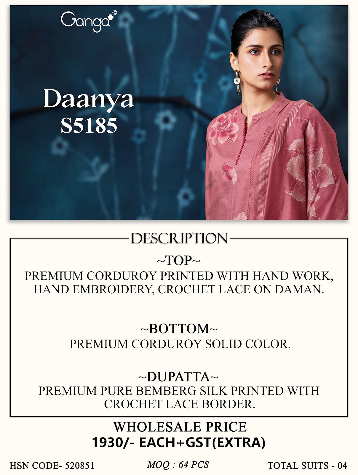 Daanya S5185 Ganga Corduroy Pant Style Suits Wholesaler India