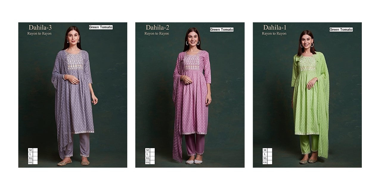 Dahila Nayra Cut Green Tomato Rayon Readymade Pant Style Suits Wholesaler Ahmedabad