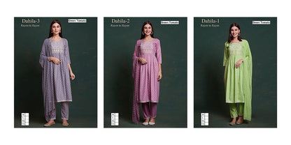 Dahila Nayra Cut Green Tomato Rayon Readymade Pant Style Suits Wholesaler Ahmedabad