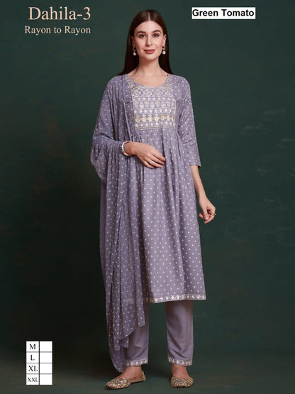 Dahila Nayra Cut Green Tomato Rayon Readymade Pant Style Suits Wholesaler Ahmedabad