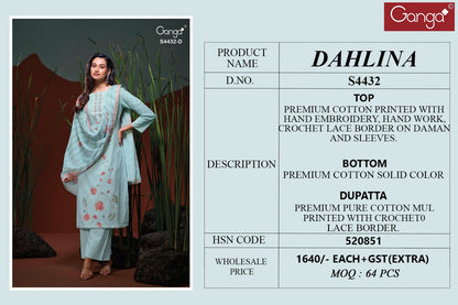 Dahlina 4432 Ganga Cotton Plazzo Style Suits Supplier Ahmedabad