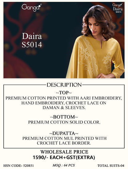 Daira S5014 Ganga Cotton Plazzo Style Suits Wholesale Price