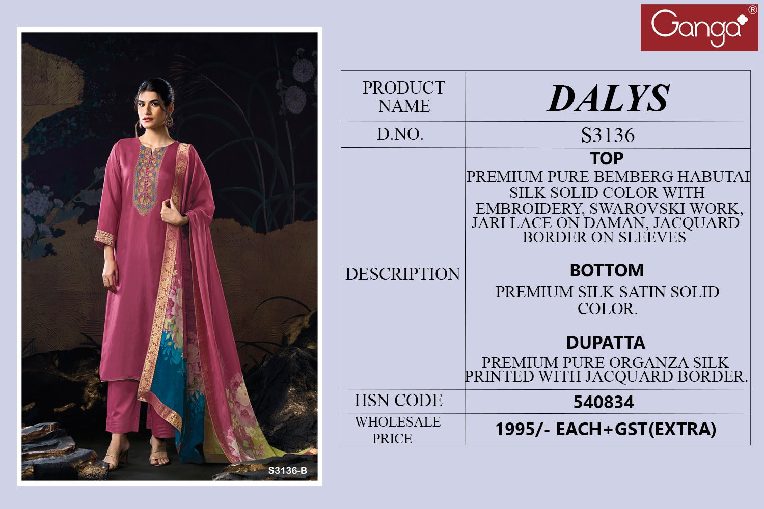 Dalys 3136 Ganga Premium Bemberg Plazzo Style Suits Exporter India