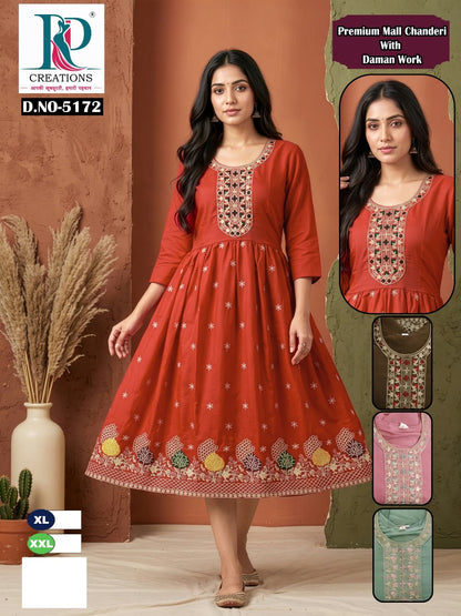 Daman Work 2610 Rd Chanderi Anarkali Kurtis Wholesaler Ahmedabad