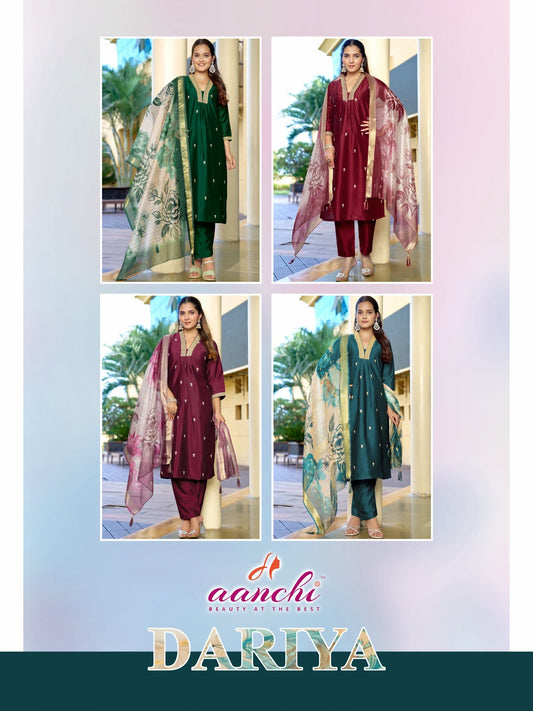 Dariya Aanchi Crystal Silk Readymade Pant Style Suits Wholesaler Ahmedabad