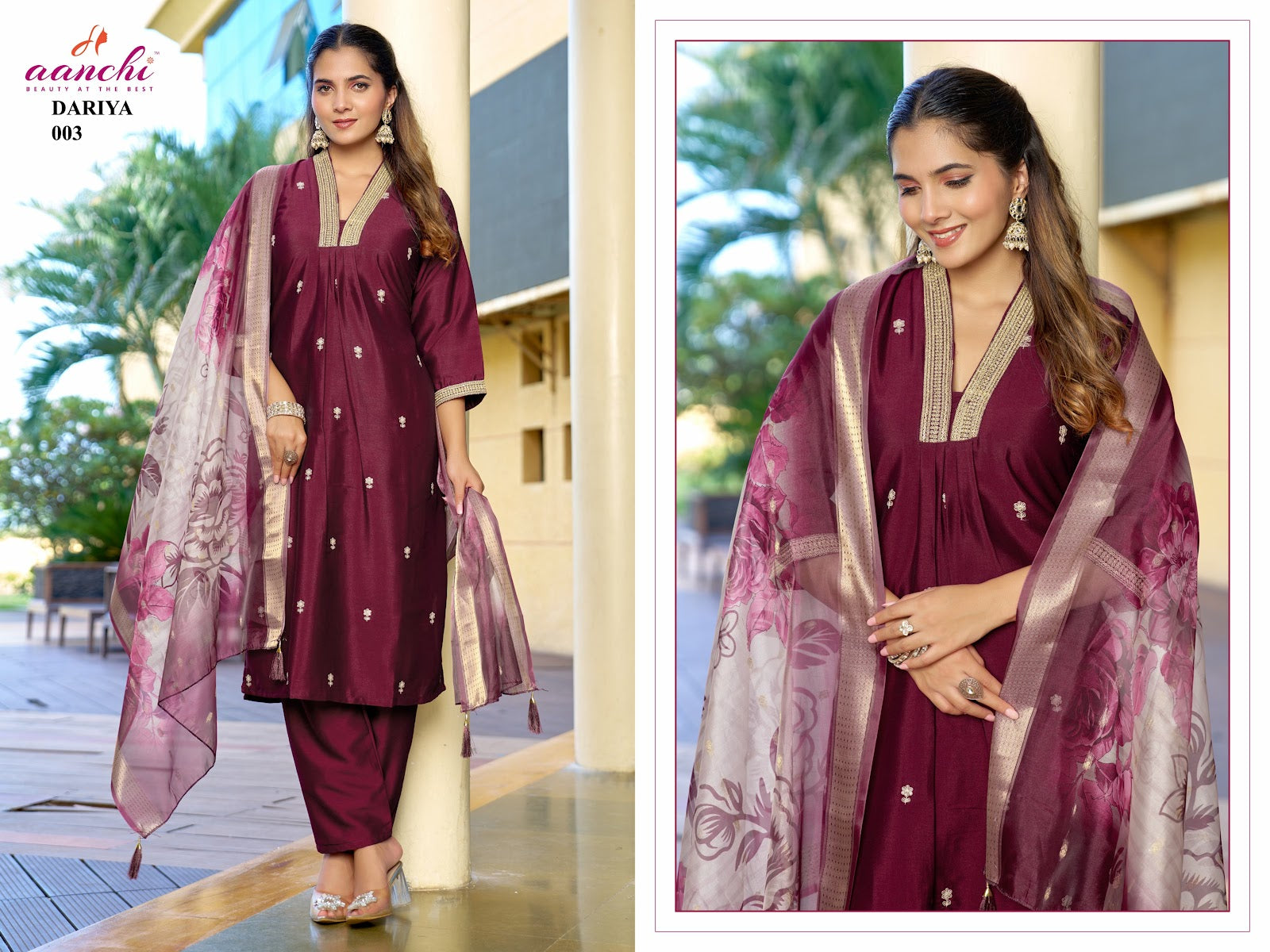 Dariya Aanchi Crystal Silk Readymade Pant Style Suits Wholesaler Ahmedabad