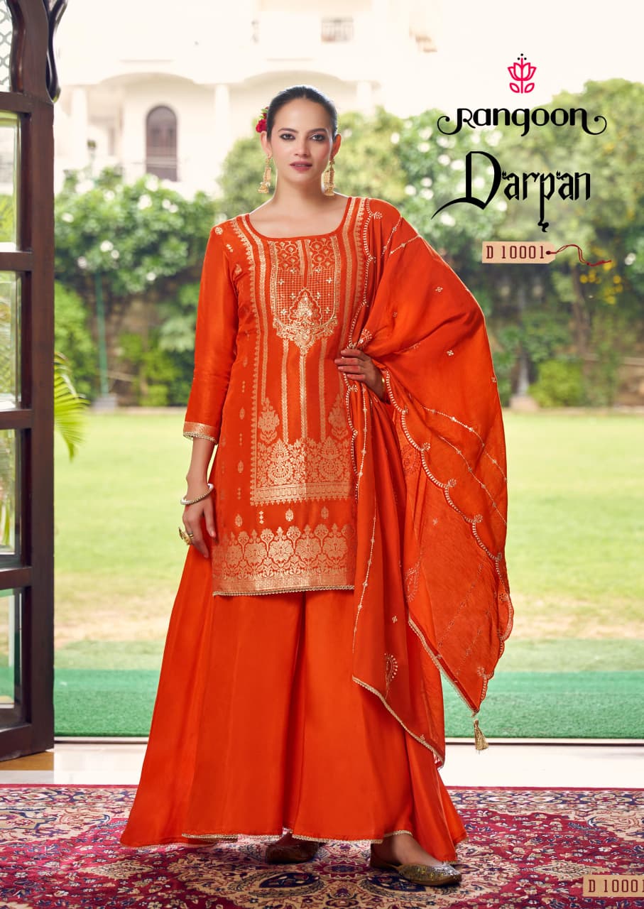 Darpan Rangoon Russian Jacquard Readymade Plazzo Style Suits Wholesaler Ahmedabad