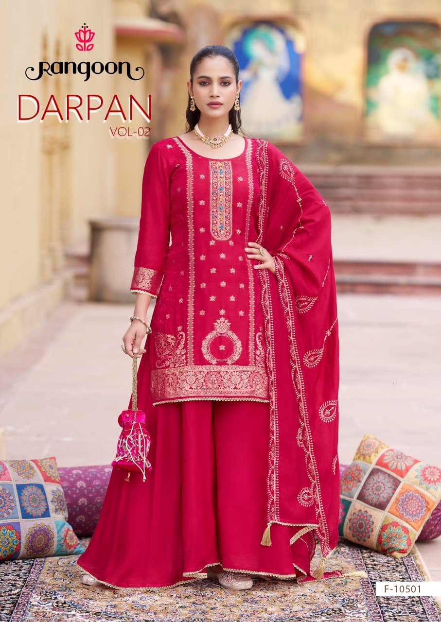 Darpan Vol 2 Rangoon Dola Jacquard Readymade Plazzo Style Suits Wholesale Rate